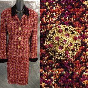 BEAUTIFUL St John knit purple orange multi embellished evening skirt suit 12